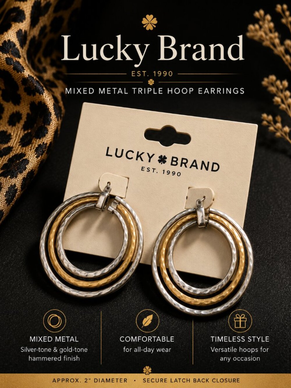 Lucky Brand Mixed Metal Triple Hoop Earrings NWT Hammered Silver Gold Tone 2"